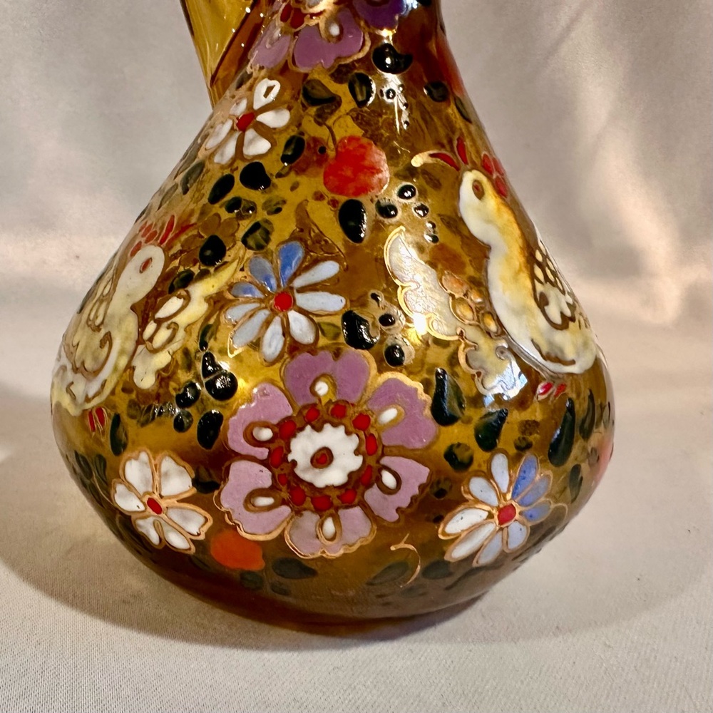 Vintage Hand-Painted Floral Enamelled Amber Hand Blown Glass Vase Pitcher Ewer - Picture 6 of 9
